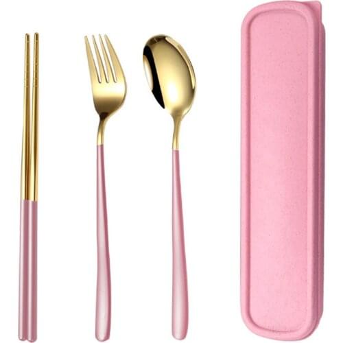 High quality 304 stainless steel portable cutlery set gold knife fork chopsticks and spoon set dishwasher safe
