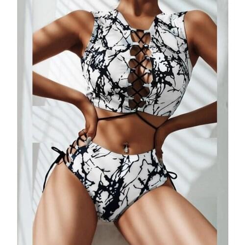 Lady Hollow Out Black White Tie Dye Bandage Bikini Set Sexy High Waist Two Piece Swimwear Brazil Fashion Beachwear Bathing Suits