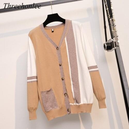 Autumn New Women Korean Knitted Sweater Fashion Elegant Loose Color Patch Pocket Apricot Long Sleeve Thin Office-Ladies Cardigan