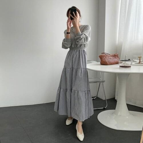 2021 Spring Autumn New Korea Sweashirt Striped Patchwork Women Elegant Chic Full Sleeve Hight Waist A Line Casual Long Dresses
