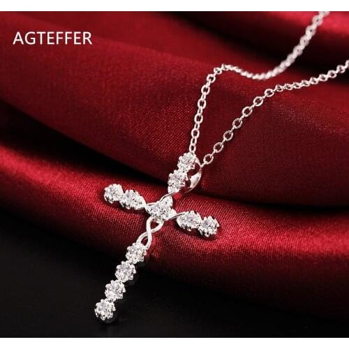 AGTEFFER 925 Sterling Silver 18 Inch White AAA Zircon Cross Womens Necklace Fashion Wedding Strap Jewelry
