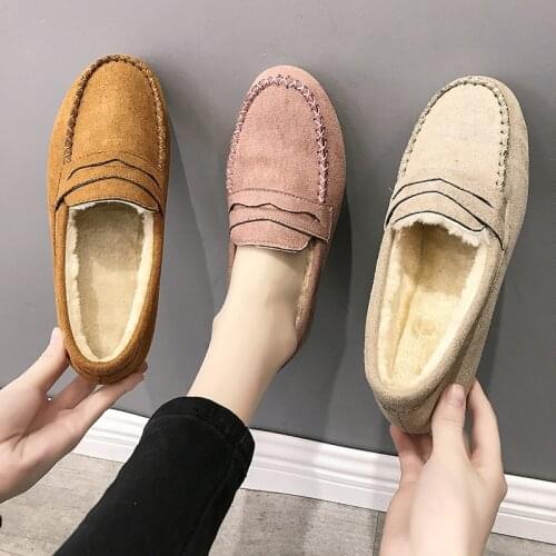 Winter Women Shoes Comfortable Flats Loafers Short Flock Inside Sewing Slip-On Casual Ladies Non-Slip Bottom Warm Mother Shoes