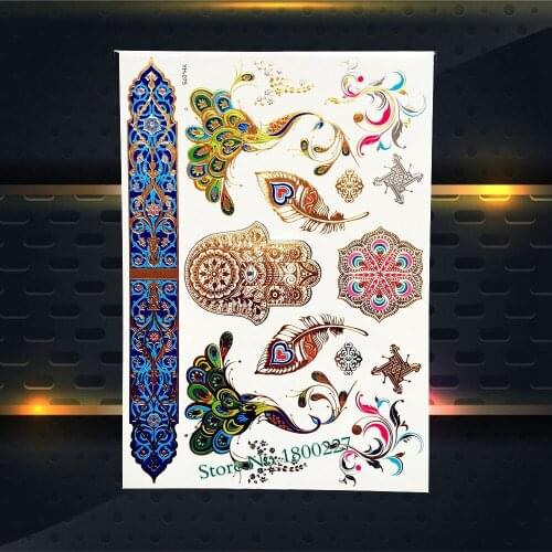 1PC Glitter Gold Colorful Metallic Tattoo Peacock Feather Hamsa Hand Design Women Henna Temporary Tattoo Sticker Body Art PYH075