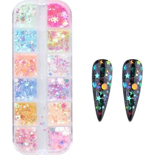 12 Grids/box Nail Art Butterfly Glitter Powder Fairy Sequins Laser Flakes Decoration DIY Irregular Ice Transparent Round Sequins