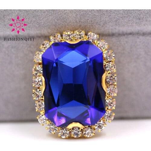 Free shipping Gold base Rectangular octagonal shape Royal Blue sew on rhinestones glass Crystal button DIY clothing accessories