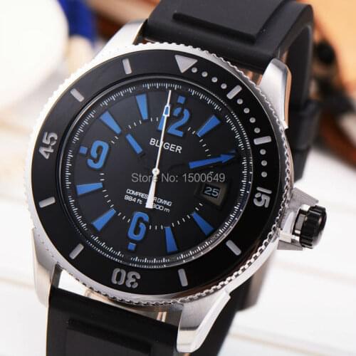 BLIGER 43mm Watches Date Silver Steel brushed solid 316L stainless Case Black Dial blue mark Mechanical automatic mens' watches