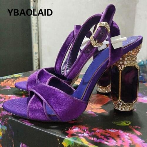 New Solid Color Open-toed Silk Velvet Glass Rhinestone Heel Hollow One-strip Sandals with Sheepskin Thick Heel High Heels