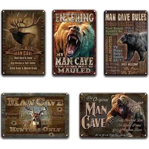 Welcome to man cave rules The buck stops here metal poster tin sign vintage bear deer metal signs pub bar kitchen home decor
