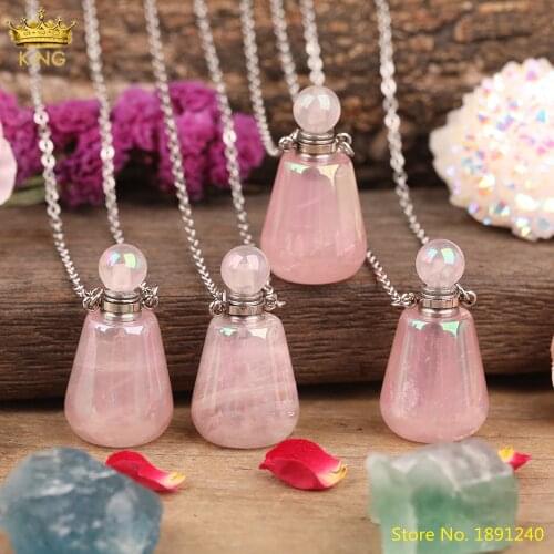 Electroplated Bainbow Natural Roses Pink Quartz Stone Perfume Bottle Essential Oil Diffuser Pendant Necklace Women Boho Jewelry