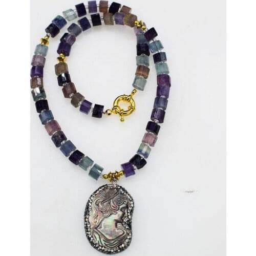 Fluorite roundel +shell woman head pendant necklace 18inch wholesale for women xmas gift