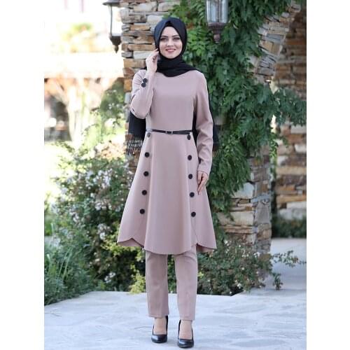 Hijab Suit 2 Piece Tunic Trousers Islamic Muslim Women Combination Button Detailed Quality Fabric Belt Made in Turkey