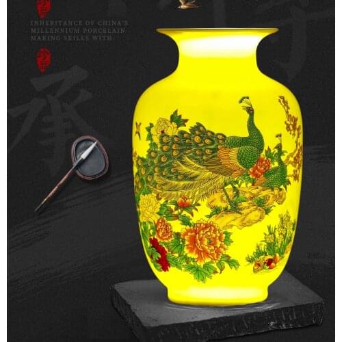 Jingdezhen Ceramics Small Yellow Vase Chinese Home Living Room Tv Cabinet Decoration Flower Vase Decoration Traditional Decors