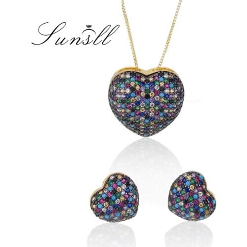 SUNSLL New Arrival Gold Copper Multi Colors Cubic Zirconia Fashion Earrings/Necklace Jewelry Set for Women Gift Wedding Brincos