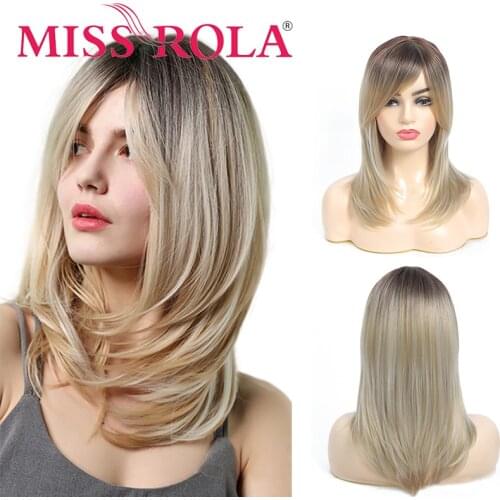 MISS ROLA Christmas Cosplay Party Hair Long Straight Light Blonde Gray Two Tone Omber Synthetic Wigs with Bangs for Women