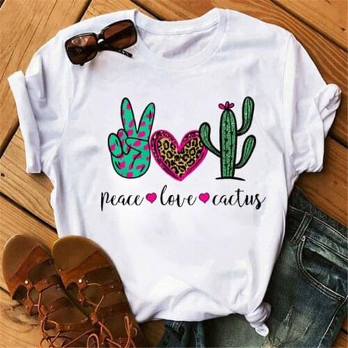 Cartoon Peace and Cactus Printed Tops Tee New Fashion Women Tshirt Harajuku T-shirt Cute Tee Female Graphic T-shirts Clothes