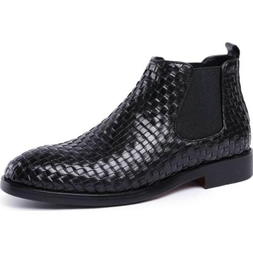 2021 Genuine Leather Black Woven Boots For Men Pointed Toe Chelsea Boots Work Boots Luxury Male Wedding Shoes