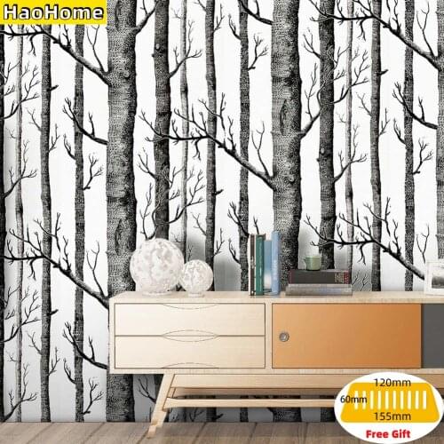 HaoHome Birch Tree Peel And Stick Wallpaper Black And White Wood Wall Covering for Wall Kitchen Cabinet Furniture Shelf Liner