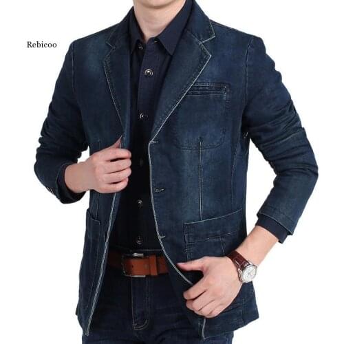 New Mens Denim Blazer Men Fashion Cotton Vintage Suit Jacket 4XL Male Blue Coat Denim Jacket men slim fat Jeans Blazers
