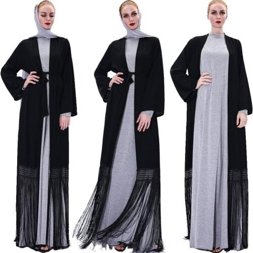 Open Abaya Dubai Kaftan Turkish Robe Muslim Women Maxi Dress Tassel Long Party Gown Arab Jilbab Kimono Islamic Clothing Cardigan