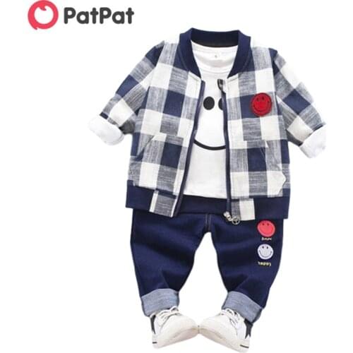 PatPat 2020 New Spring and Autumn Baby and Toddler Boys Clothes 3-piece Smiling Face Tee Plaid Coat and Pants Sets