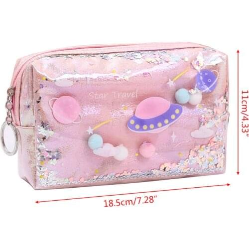 R9UA Lovely Large Quicksand Planet Pencil Case Leather Pen Box Makeup Bag Girls Gift