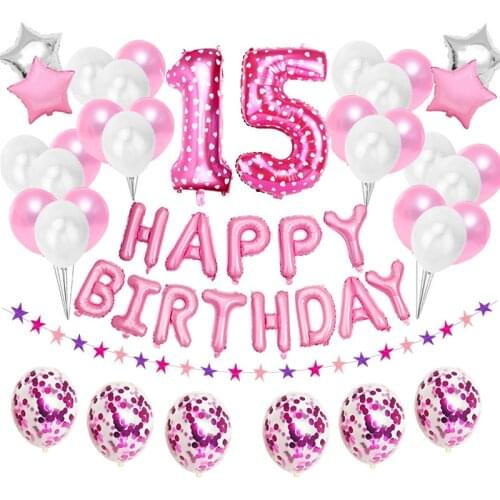 38pcs Pink Number 15 Foil Balloons Happy Birthday Party Decoration 15 Years Old 15th Girl Boy Fifteen 51 51st Woman Man Supplies