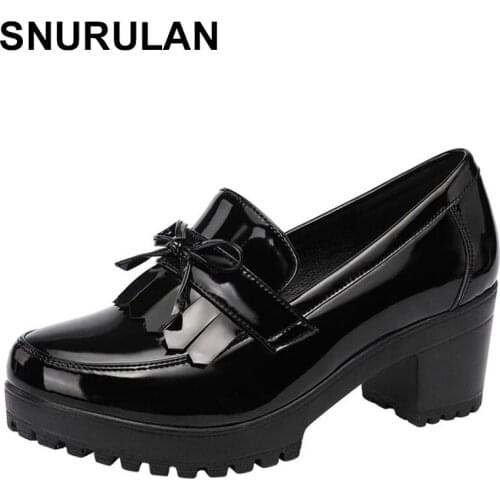 SNURULAN Spring Genuine Leather Womens Shoes Girls' Shoes Fashion Tassel High Heels Pumps Wedges Black Female Thick Bottom Plat