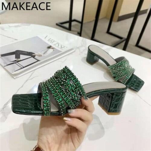 Bridal Shoes Luxurious Bling-bling Crystal Slippers Party Sandalias Shoes Womens Square Open Toe Dress Slides Vacation Woman