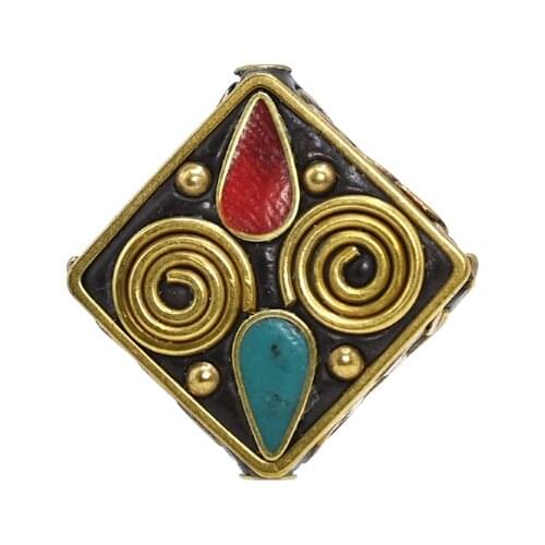 TZ009 Nepal Beads Handmade Tibetan Style Bead, Brass with Synthetic Coral Turkey stone Six-word Mantra Beads For Jewelry Making
