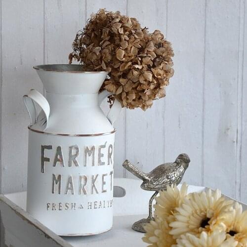 Vintage White Iron Small Dry Flower Bucket With Two Handles And FARMERS MARKET FRESH HEALTHY Letters On Table Decor Planter Pot