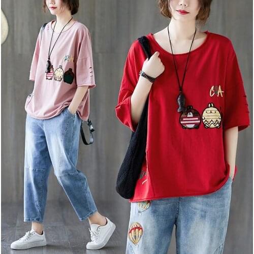 Pure Cotton Embroidery Short-Sleeved T-shirt for Women 2021 Summer New Loose Large Size All-Matching Casual T-shirt Top