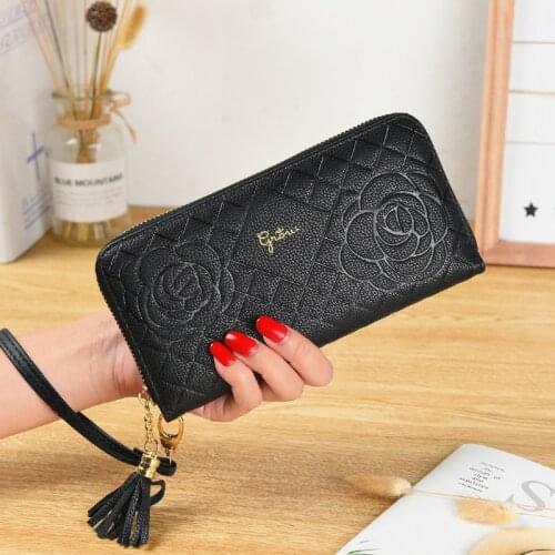 Women Zipper Tassel Leather Rose Print Wallets Female Fashion Long Letter Coin Purses Ladies New Wristband Multi-card Holder