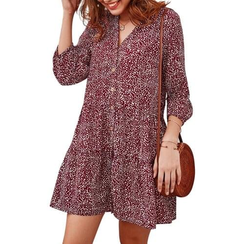 Women Boho Dresses Summer Shirt Dress Dots Print V Neck 3/4 Sleeve Button Large Swing A-line Elegant Party Beach Mini Dress