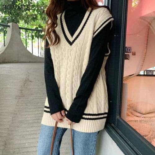 Vest Women Simple Striped V-neck Sleeveless Girls Waistcoats Korean Style Flattering Tops Womens Vests High Quality Clothes Soft