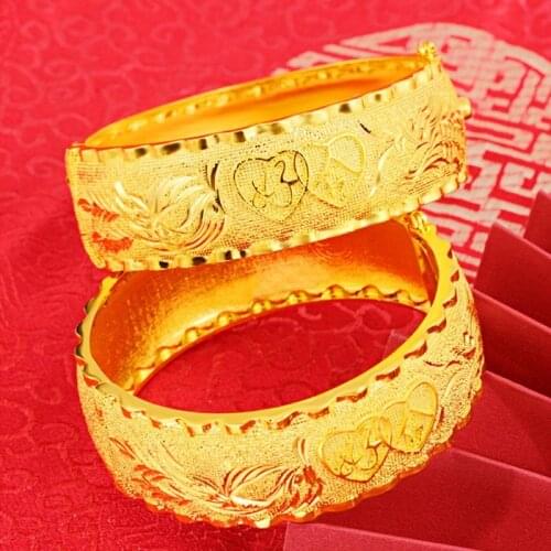 24k Yellow Gold Bridal Bracelet Women Marry Dragon Phoenix Classical Matte Gold Wedding France/African Jewelry Bracelets Gifts