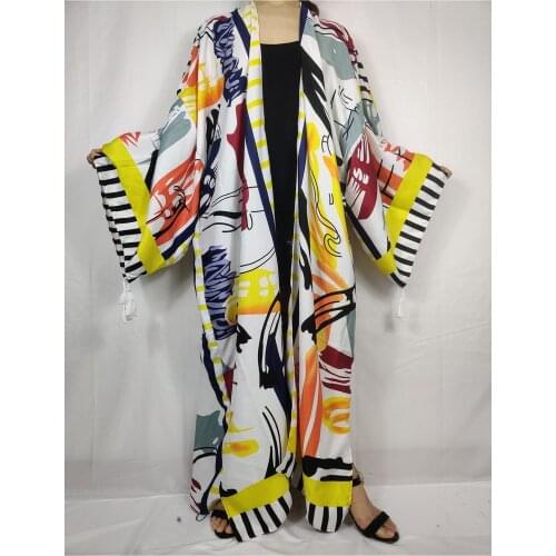 Casual Kuwait Floral Print Bat Sleeve Beach Bohemian Kimono Dress For Women African Swimwear Vintage Open Front Kaftan Clothes