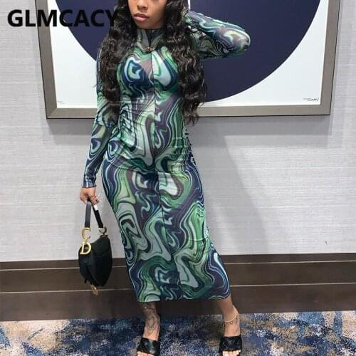 Women Long Sleeve Mesh See Through Slim Maxi Dress