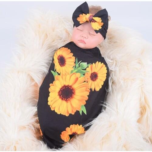 1pcs Bows Headband + 1pcs Flower Cotton Swaddle Baby Wrapped in Blankets Baby Swaddle Sunflower Baby Headband