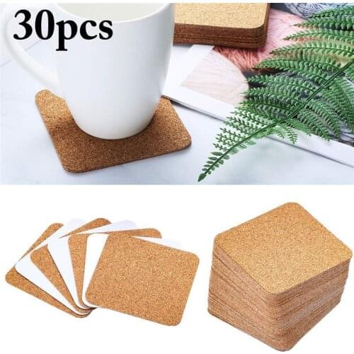 30Pcs Solid Color Eco-Friendly Cork Squares Self Adhesive Reusable Cork Coaster Cup Mat Drink Coaster Water Cup Accessories