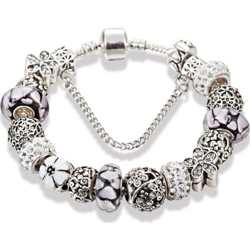 ANNAPAER Dropshipping 2019 White Crystal Charm Bracelet With Flower Beads Silver Color Bracelet Femme Wedding DIY Jewelry B17056