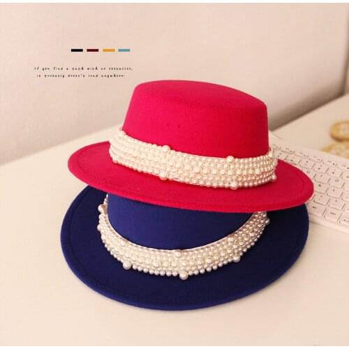 2021 Lovely Children Vintage Bowler Hat Autumn and Winter Kids Solid Color Wide Brim Pearl Flat-top Cap