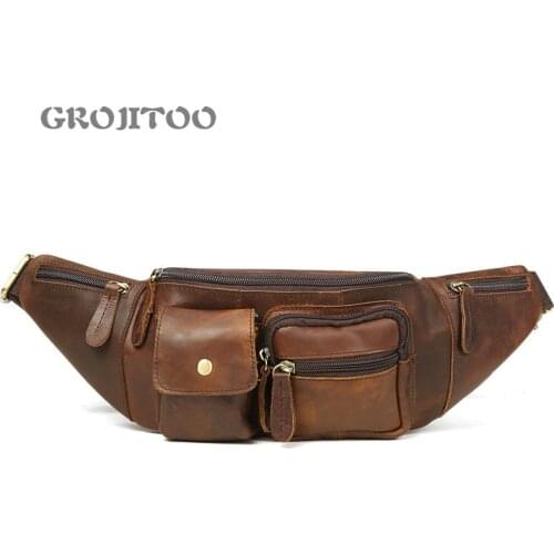 GROJITOO Mens chest bag leisure fashion leather mens bag crazy cow leather Crossbody mobile phone waist bag for man