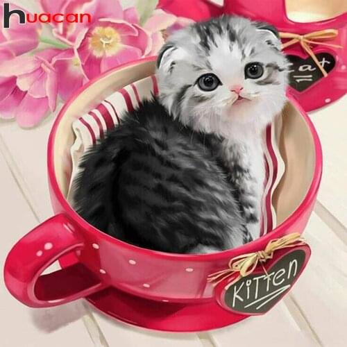 Huacan Diamond Painting Full Drill Cat Cup Room Decor Diamond Embroidery Animal Pet Cartoon Mosaic Diamond Art