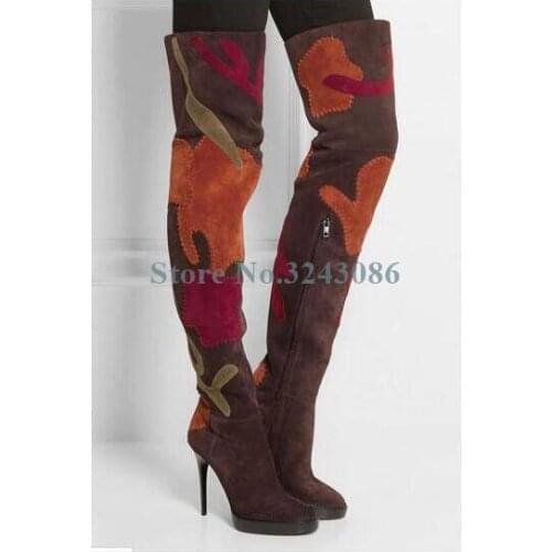 Camouflage Side Zipper Thin High Heel Boots Orange Faux Suede Patchwork Over The Knee Boots Casual Multi-color Botas Mujer