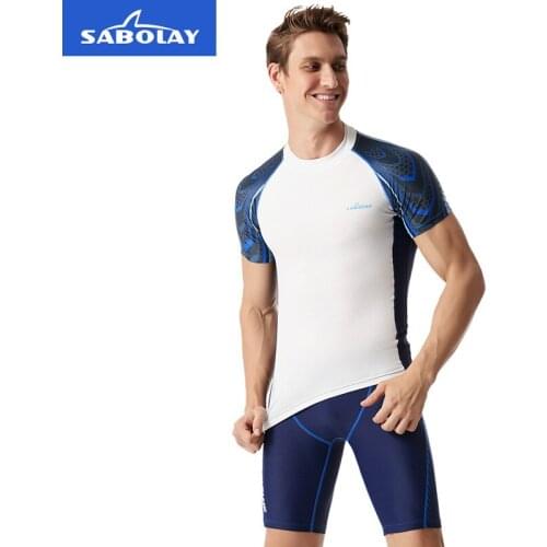 SABOLAY Lycra Mens Rashguard Swimming Suit Short Sleeve New Split Rash Guard Diving Suit Tight Qucik Dry Surfing Swimwear