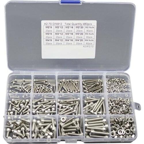 480pcs M2 M3 M4 Screws Set With Storage Box Stainless Steel Hex Socket Head Cap Screw Nut Kit Tool Box screws+ Box