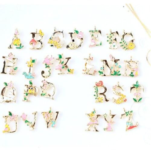 New Arrival 26pcs/Lot A-Z Floral Alloy Jewelry Letters Charms Gold Tone Plated Oil Drop Enamel Metal Bracelet Necklace Pendants