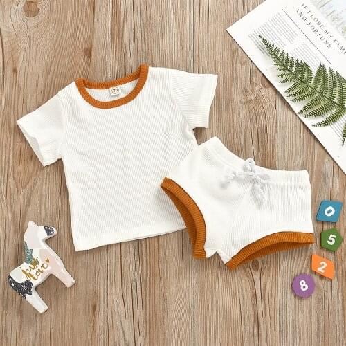 Summer New Baby Boy Girl Clothing Set 0-24M Baby Solid Color Short Sleeve Ribbed Knitted Top+Shorts Set