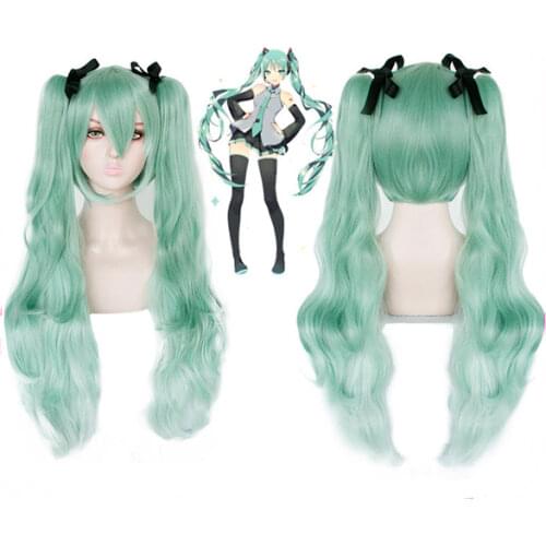 Anime Vocaloid Miku Natural Long Body Wave Green Double Ponytails Synthetic Cosplay Wigs for Women Halloween Costume Party