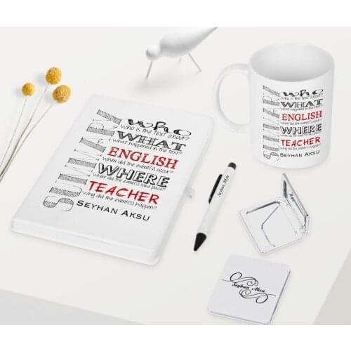 Personalized English Teacher Themed White Notebook Pen Cup Mirror Set-7